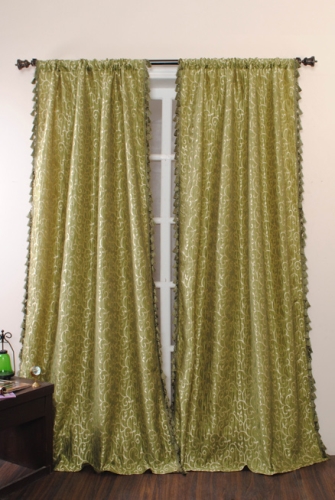 Deco Window Curtain Leaf Rod Pocket Amber Green - Both Side Tassel Fringe