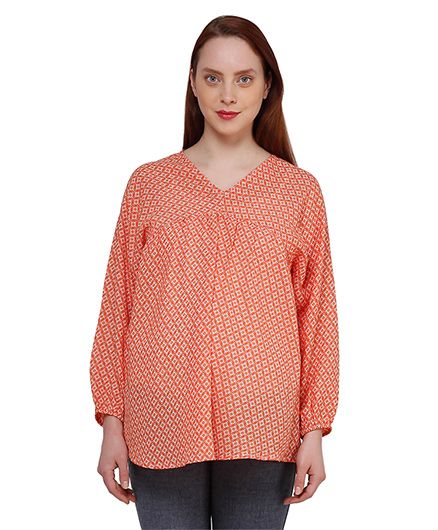 Oxolloxo Full Sleeves Geometric Print Maternity Top - Orange