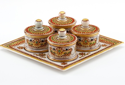 Aapnorajasthan - Gold Embossed Utility Tray With Kundan And Meena Work Model 80