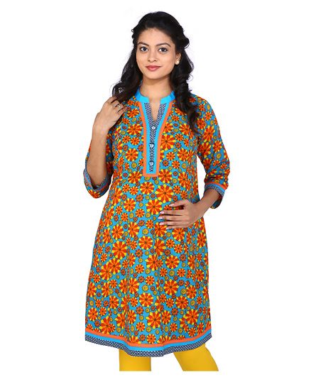 MomToBe Three Fourth Sleeves Maternity Kurti Floral Print - Blue Orange