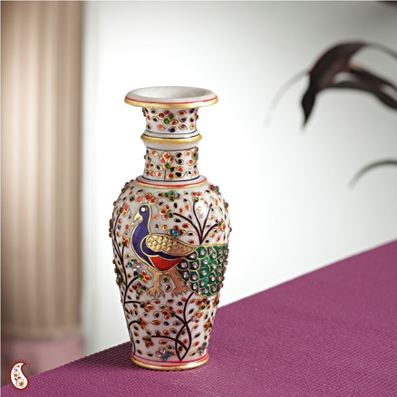 Aapnorajasthan - Gold Work Peacock Marble Vase