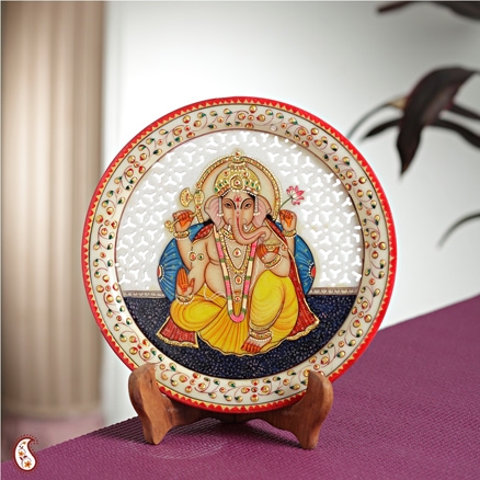 Aapnorajasthan - Carved Ganapati Painted Marble Plate