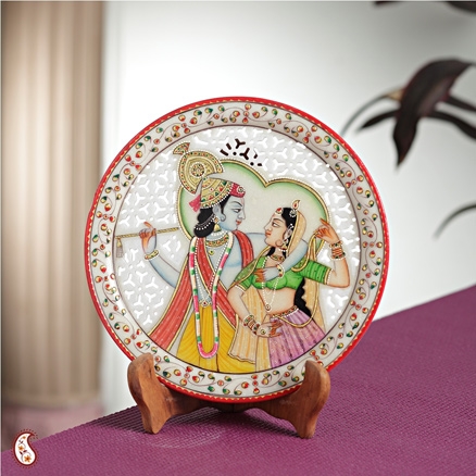 Aapnorajasthan - Carved Marble Plate With Radha Krishna