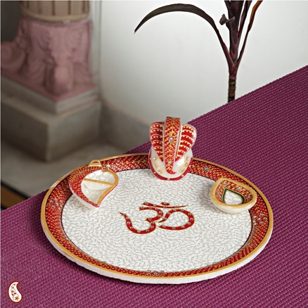 OM Marble Thali with Emboss Work