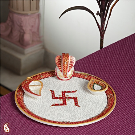 Aapnorajasthan - Ganapati Marble Thali With Emboss Work