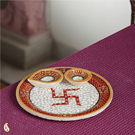 Aapnorajasthan - Swastik Marble Thali With Emboss Work