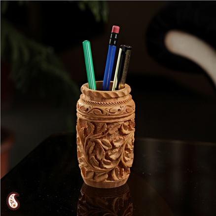 Aapnorajasthan - Floral Carved Wooden Pen Holder