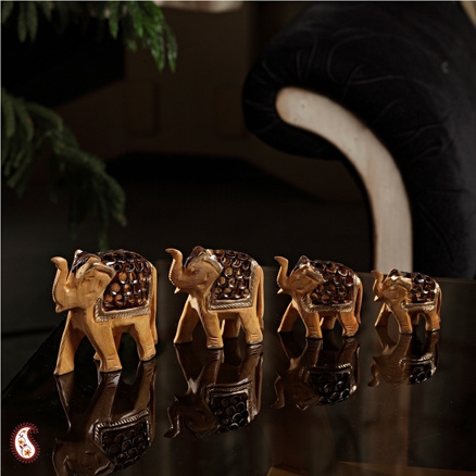 Aapnorajasthan - Set Of Four Carved Wooden Elephants