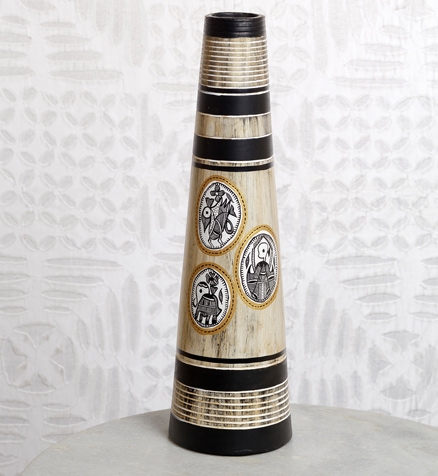 Aapnorajasthan Cylindrical Terracotta Floral Vase with Warli Painting