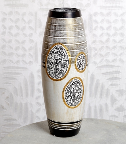 Aapnorajasthan Rustic finish Terracotta Floral Vase With Warli Painting