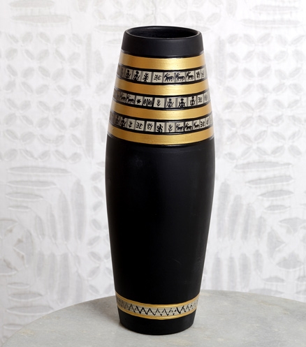 Aapnorajasthan Superb Black Gold Paint Terracotta Floral Vase in Warli Style