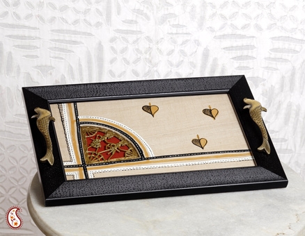 Wooden Hand Crafted Tray With Silk And Dhokra Work