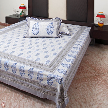 Blue And Grey Premium Double Bed Sheet Set