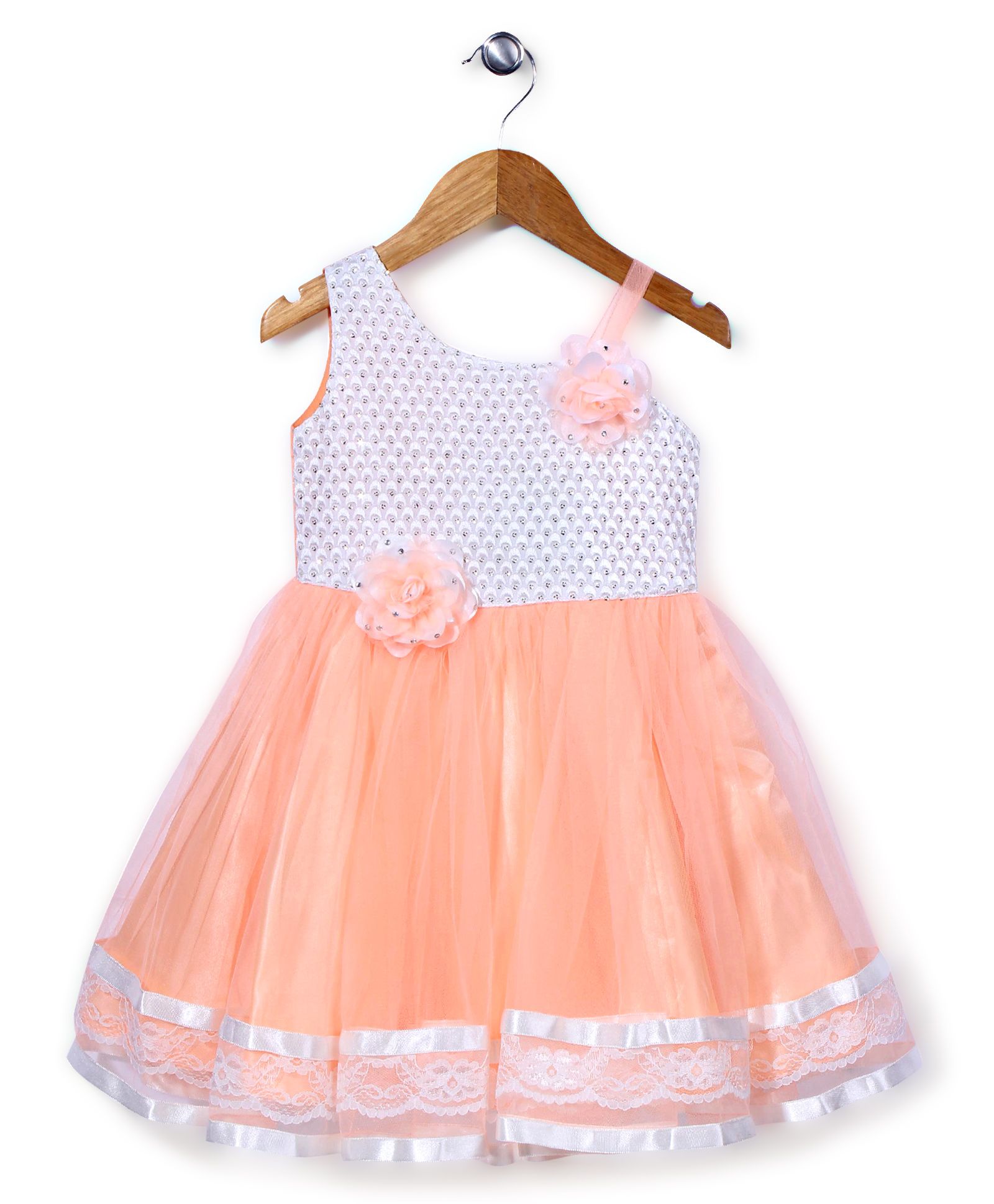 Babyhug Singlet Party Wear Dress Floral Applique - Peach