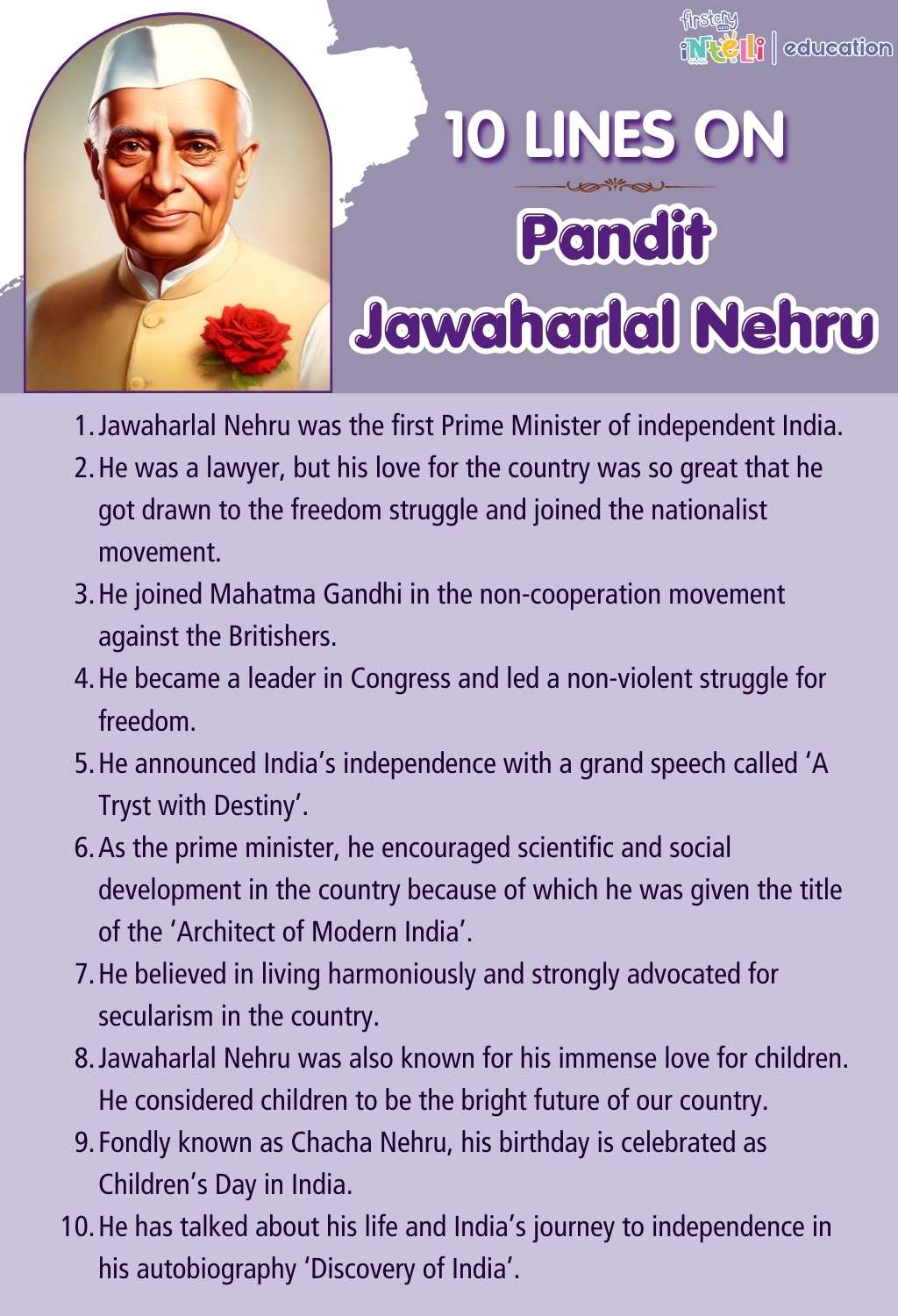 10 Lines on Pandit Jawaharlal Nehru - Infographic