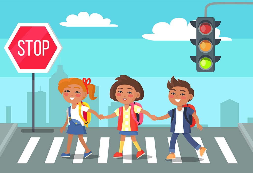 Road safety rules for children set. Kids crossing street along