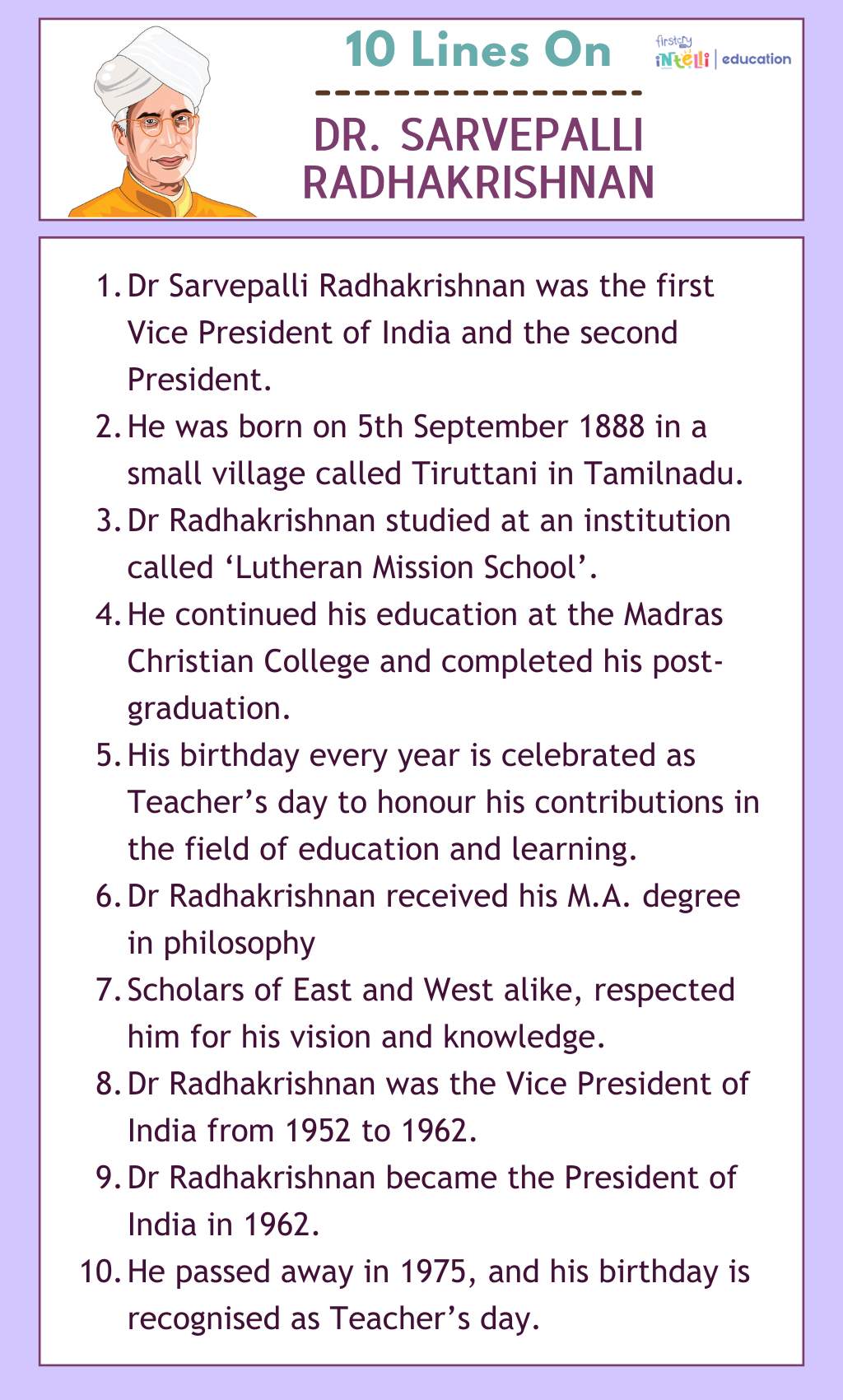 10 Lines On Dr Sarvepalli Radhakrishnan - Infographic