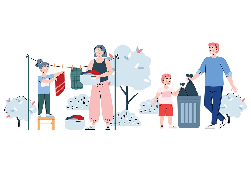 Parents showing children how to do chores