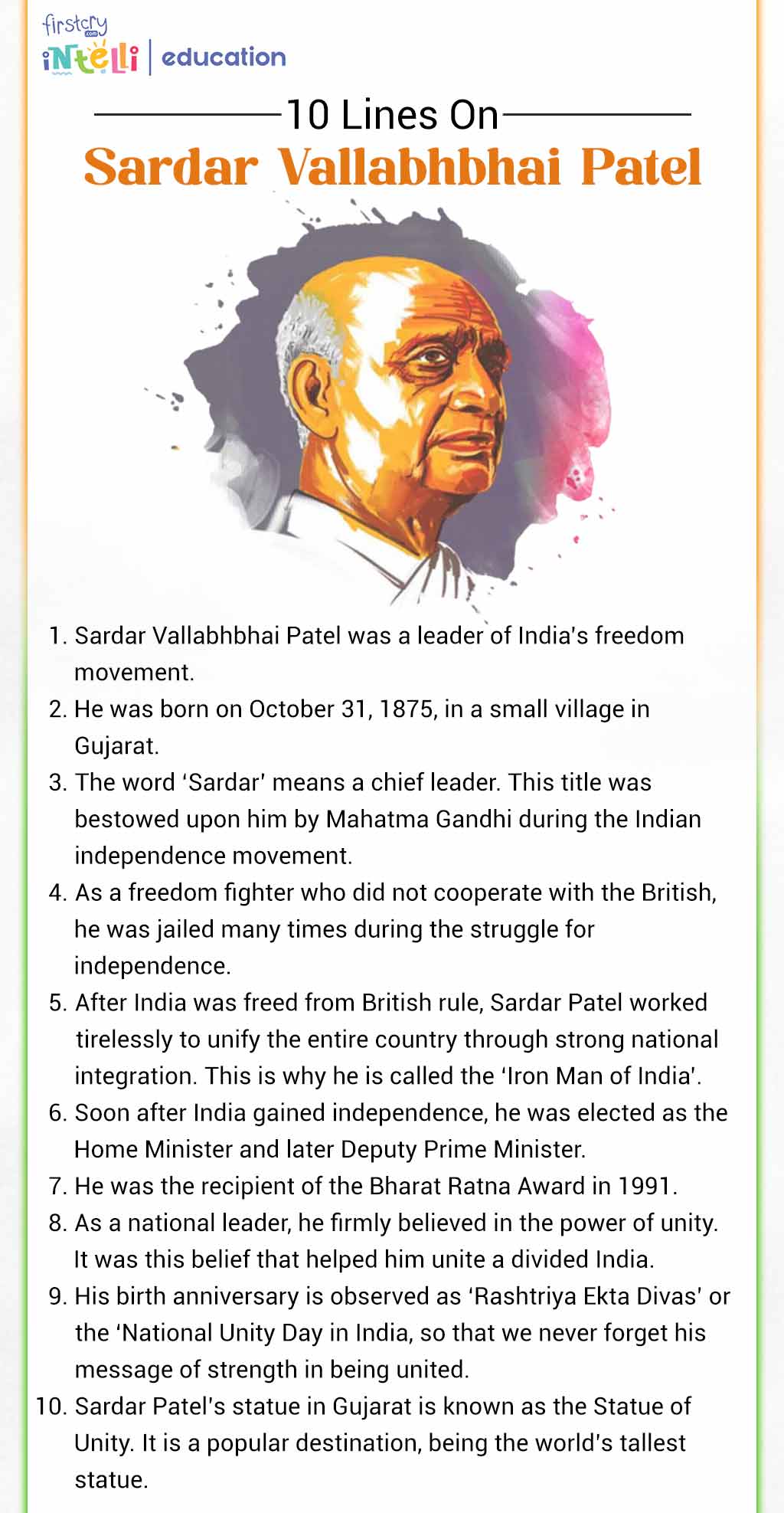 10 Lines On Sardar Vallabhbhai Patel - Infographic