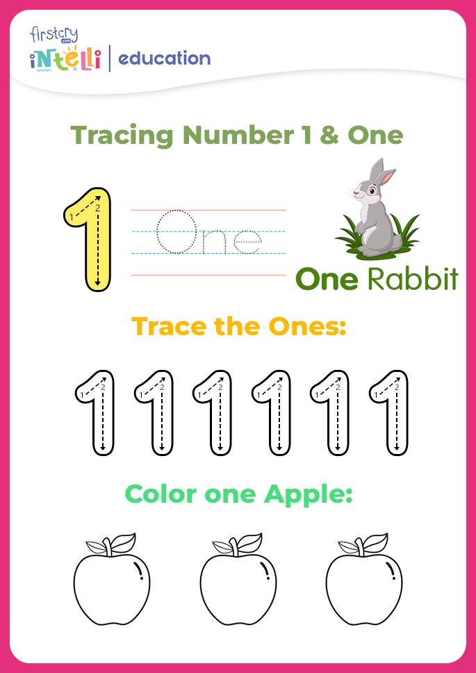 Tracing number 1 and one worksheet