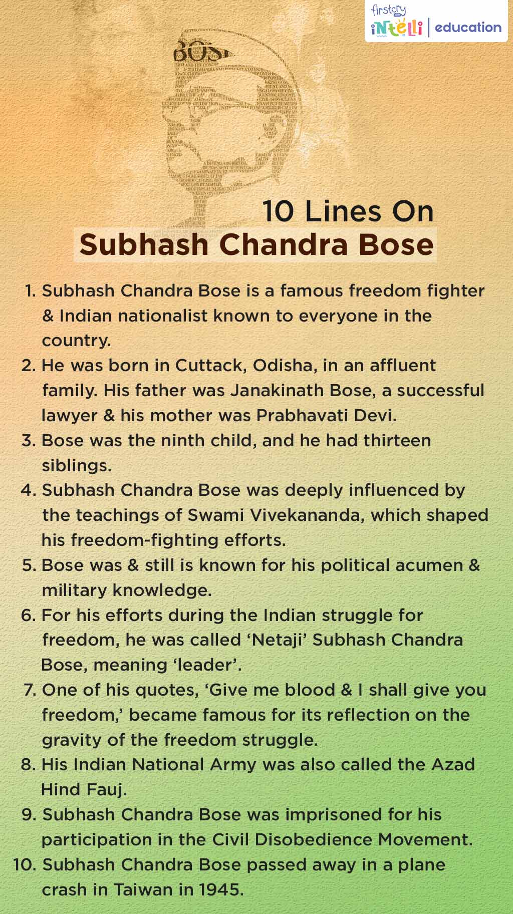 10 Lines On Subhash Chandra Bose