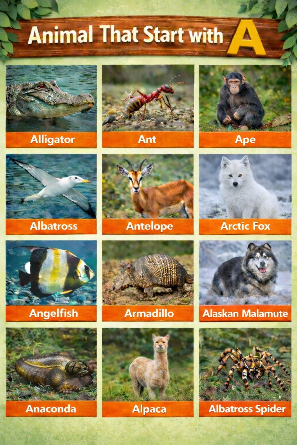 Animals That Start with A Chart