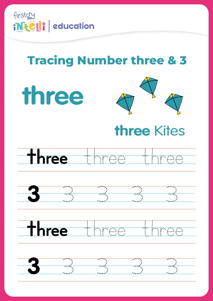 Number 3 Tracing Worksheet - Kites
