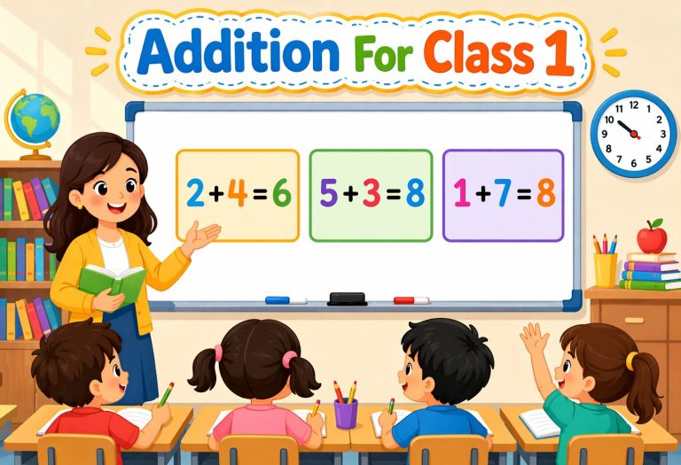 Addition for Class 1- Examples, Words Problems and Worksheet