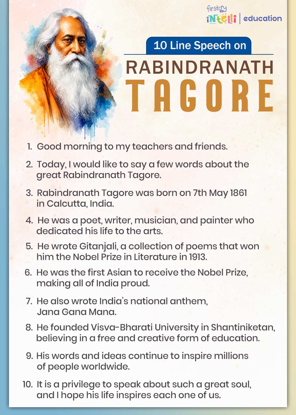 10 Line Speech on Rabindranath Tagore 10 Line Speech on Rabindranath Tagore