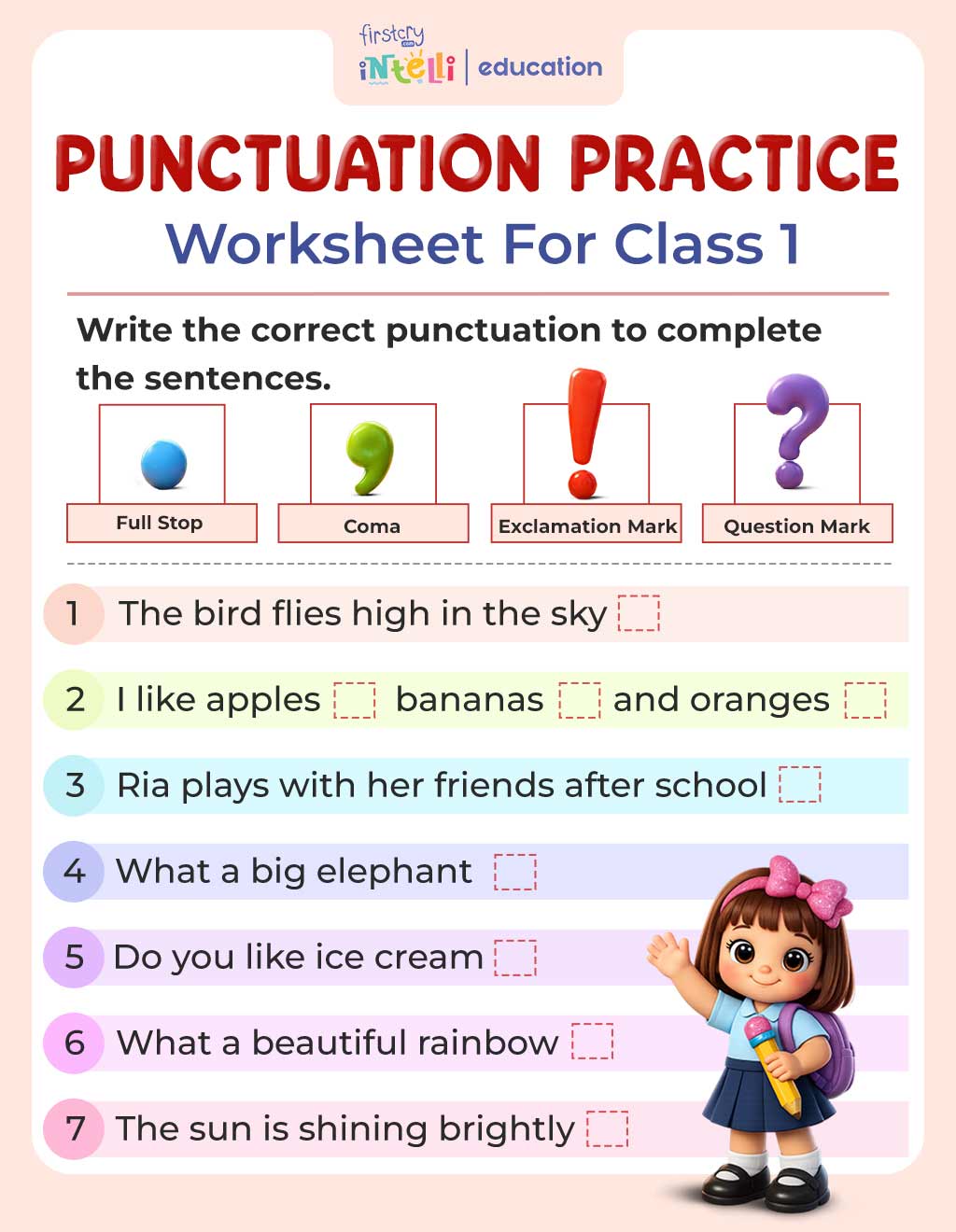 Punctuation Practice Worksheet for Class 1