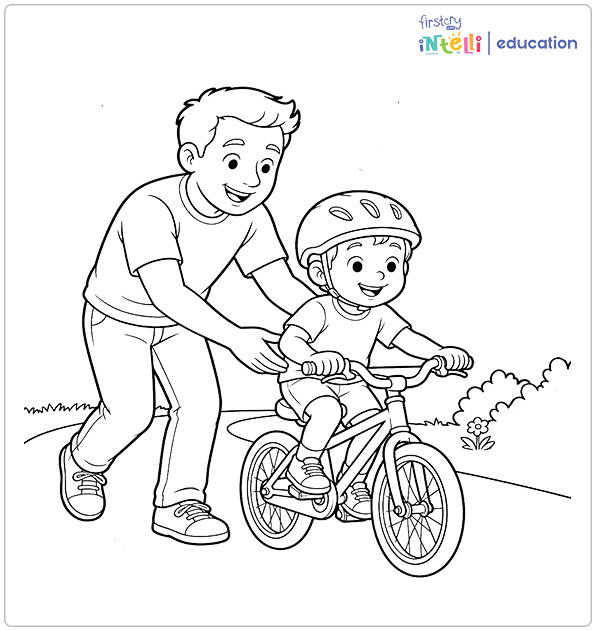 Dad Teaching Child to Ride a Bicycle Coloring Page Dad Teaching Child to Ride a Bicycle Coloring Page
